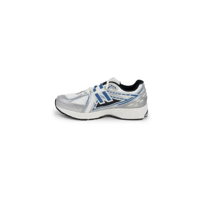 Athletic New Balance Men Sneakers featuring a white, silver, and blue color scheme