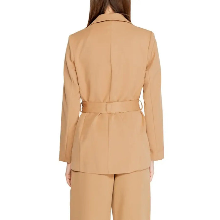 Beige belted blazer jacket from the back, showcased by Rinascimento Women Blazer