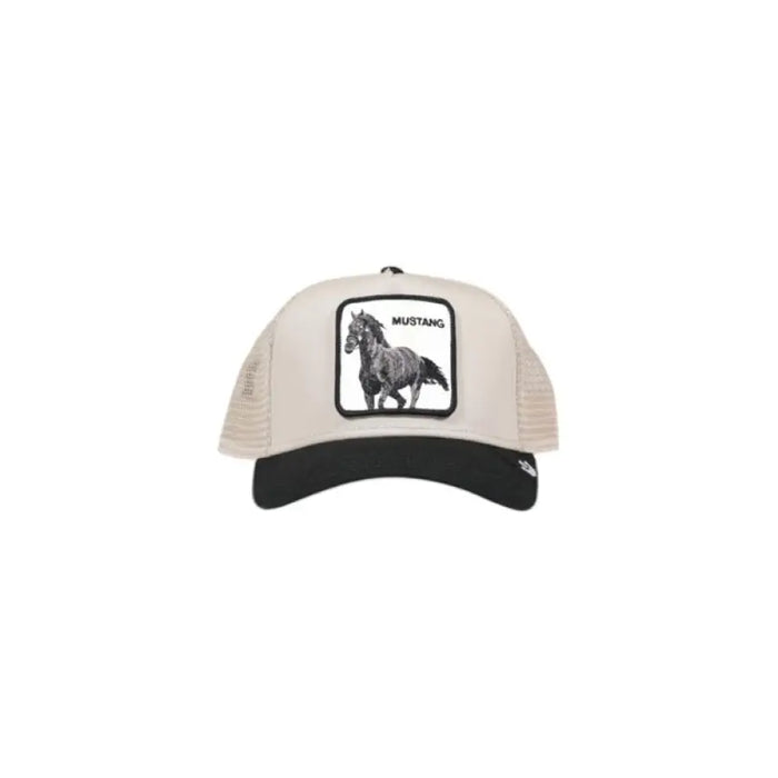 Beige and black trucker hat featuring horse patch design by Goorin Bros