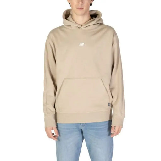 Beige cotton hoodie with front pocket and logo from New Balance Men Sweatshirts collection