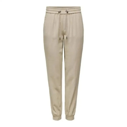 Beige drawstring jogger pants with elastic cuffs by Only Women Trousers