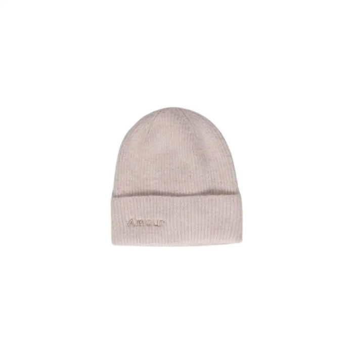 Beige knit winter beanie with embroidered text for Pieces Women Cap collection