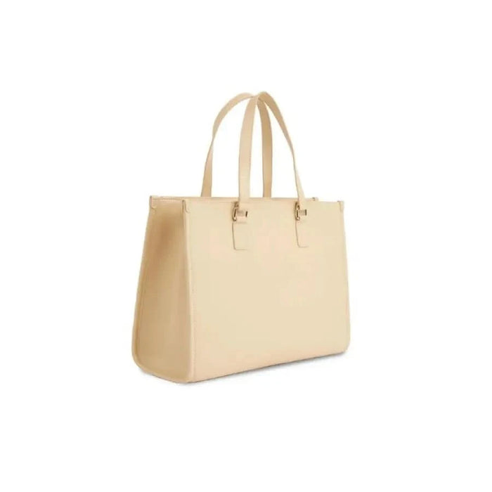 Beige leather handbag with structured shape and double handles by Tommy Hilfiger