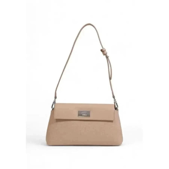 Beige leather Calvin Klein shoulder bag with flap closure and metal logo plate