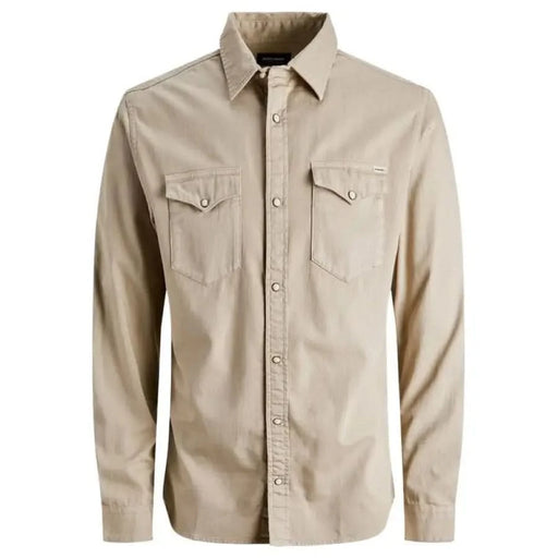 Beige long-sleeved button-up shirt with chest pockets from Jack & Jones Men Shirt