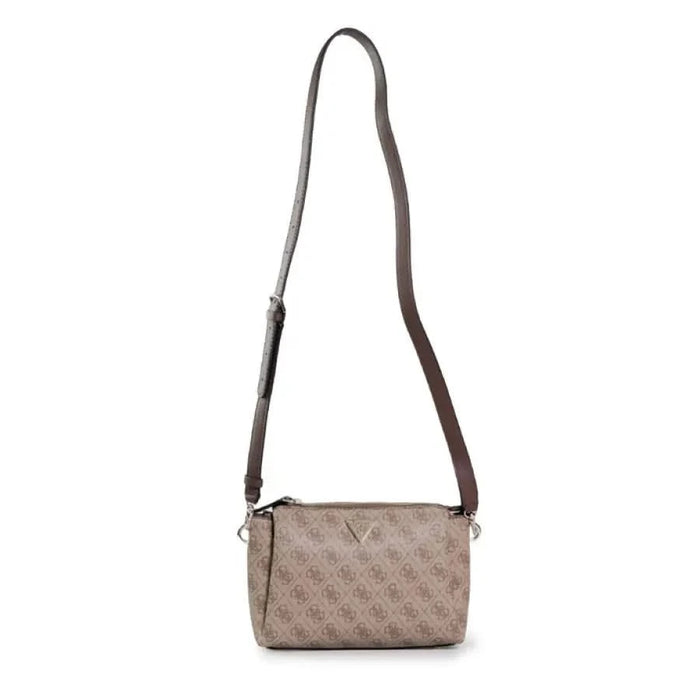 Beige patterned crossbody handbag with brown leather strap from Guess Women Bag