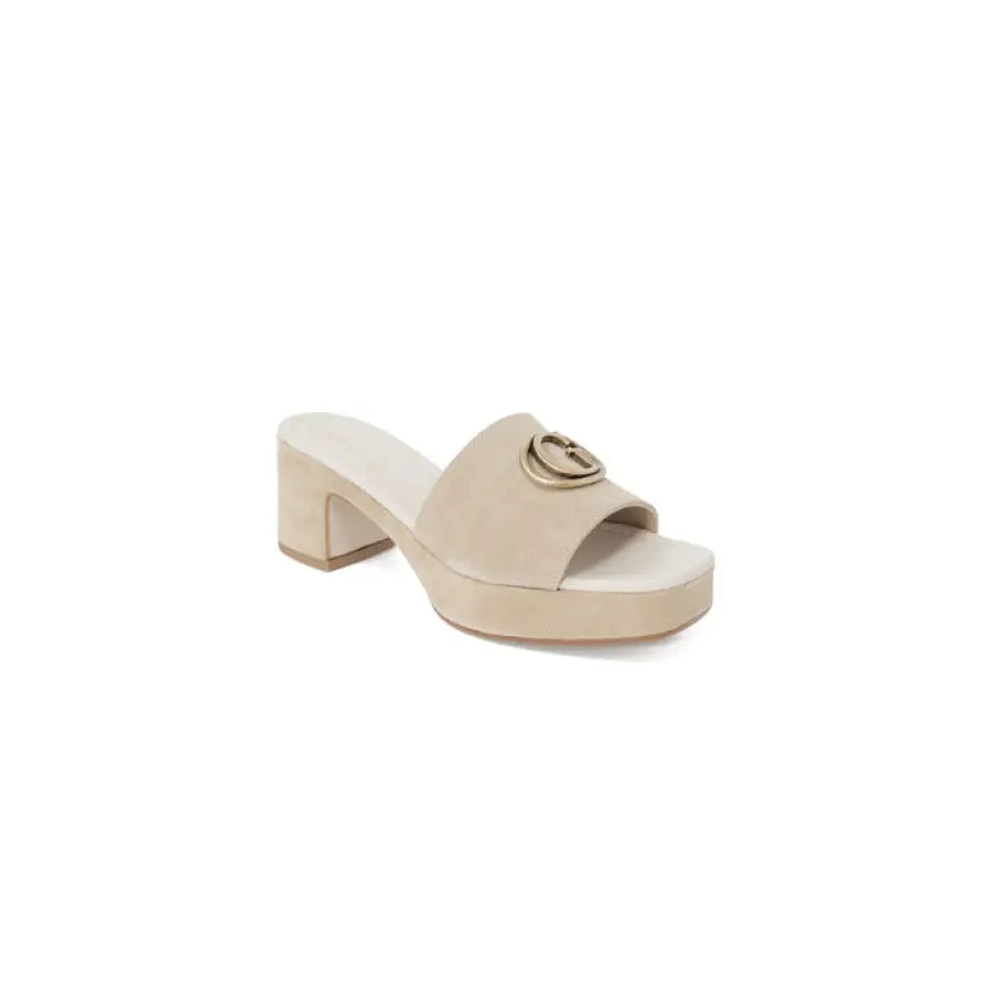 Beige platform slide sandal with chunky heel, circular metal accent - Guess Women Sandals