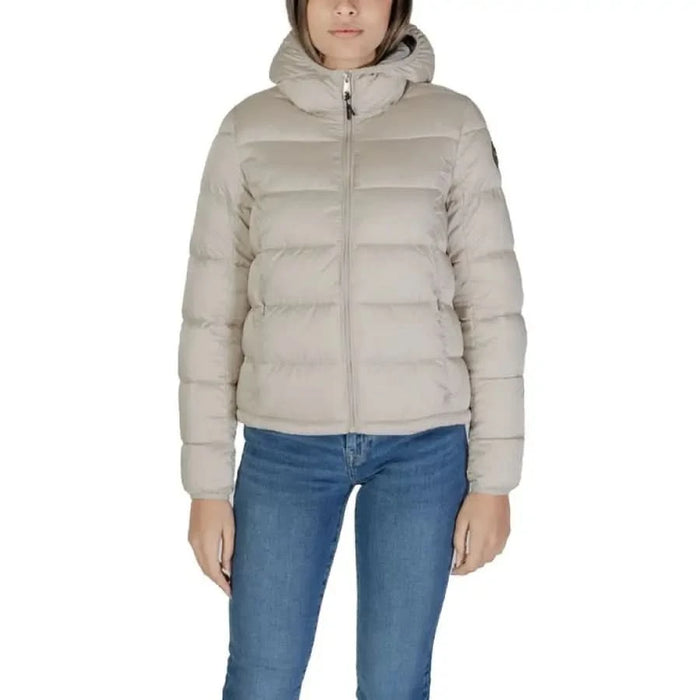 Beige puffy winter jacket with hood and zipper from Napapijri Women Jacket collection