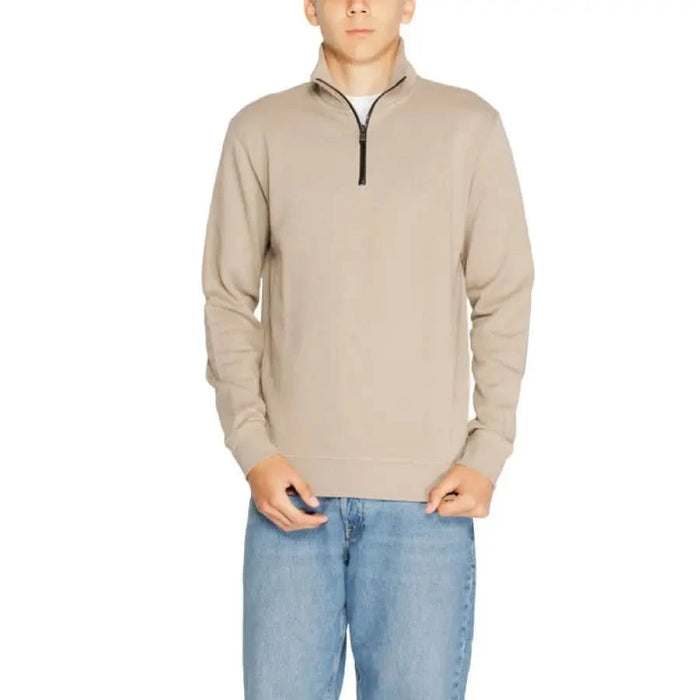 Beige quarter-zip pullover sweater with light blue jeans from Boss - Boss Men Sweatshirts