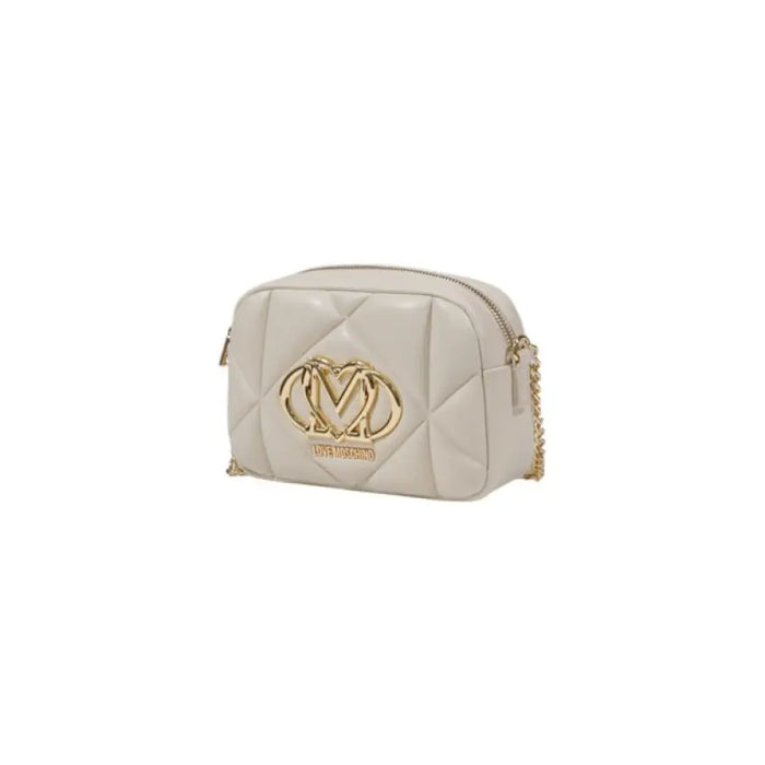 Beige quilted leather handbag with gold chain strap and circular logo by Love Moschino