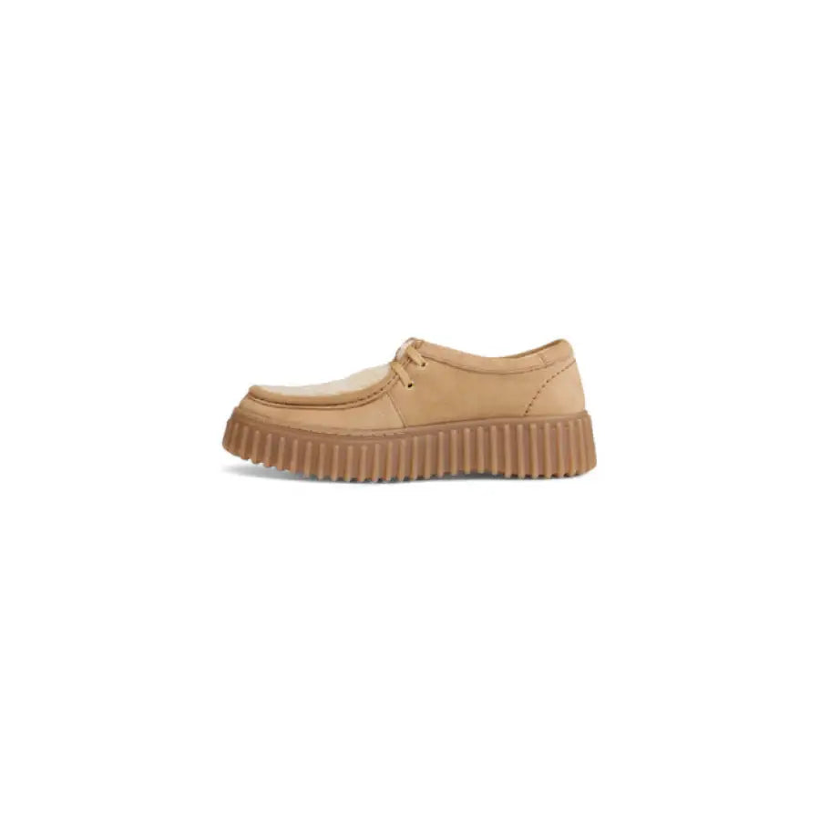 Clarks Women Moccassin: Beige suede shoe with thick ridged rubber sole for ultimate comfort