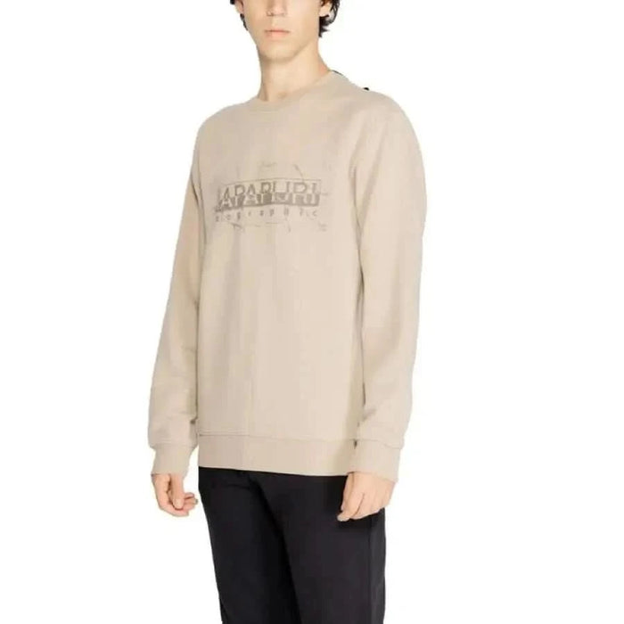 Beige Napapijri sweatshirt for men with printed logo on front