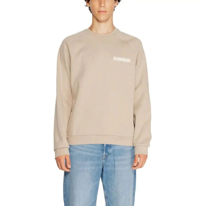 Napapijri Men Sweatshirts Beige with Napapijri Text Worn by Model in Blue Jeans