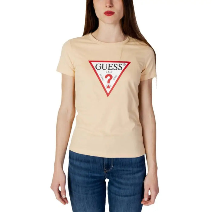 Beige Guess Women T-Shirt with red triangle logo design on front