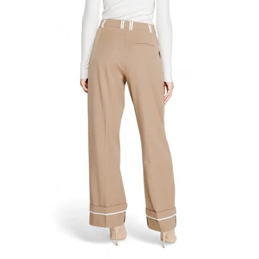 Beige wide-leg trousers with white stripes at cuffs from Only Women Trousers collection