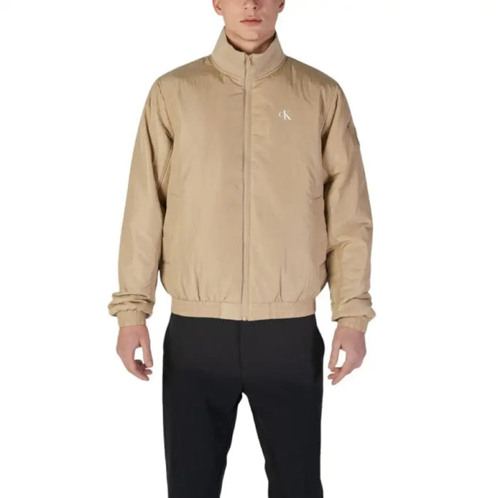 Beige zip-up jacket with small logo on chest from Calvin Klein Men’s collection