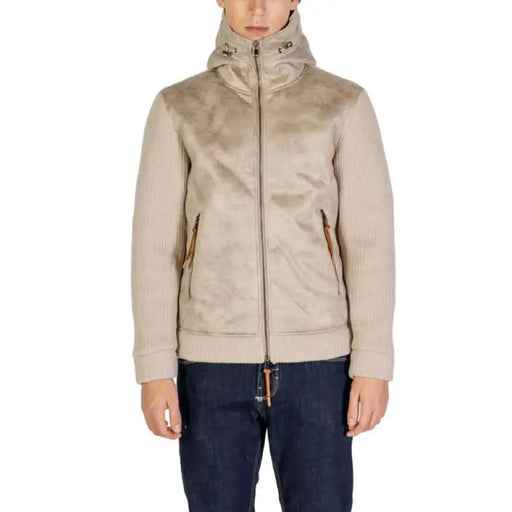 Beige zip-up jacket with ribbed sleeves and high collar from Hydra Clothing Men