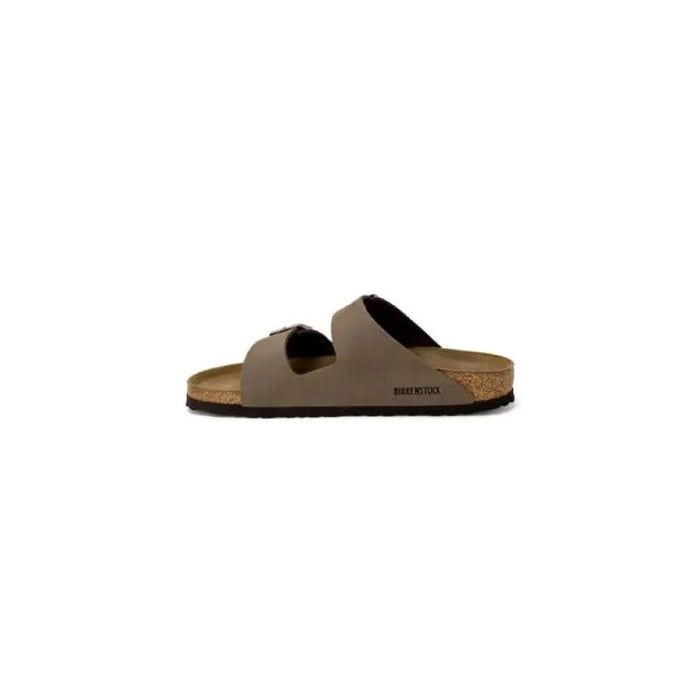 Birkenstock women’s taupe two-strap sandals in khaki color