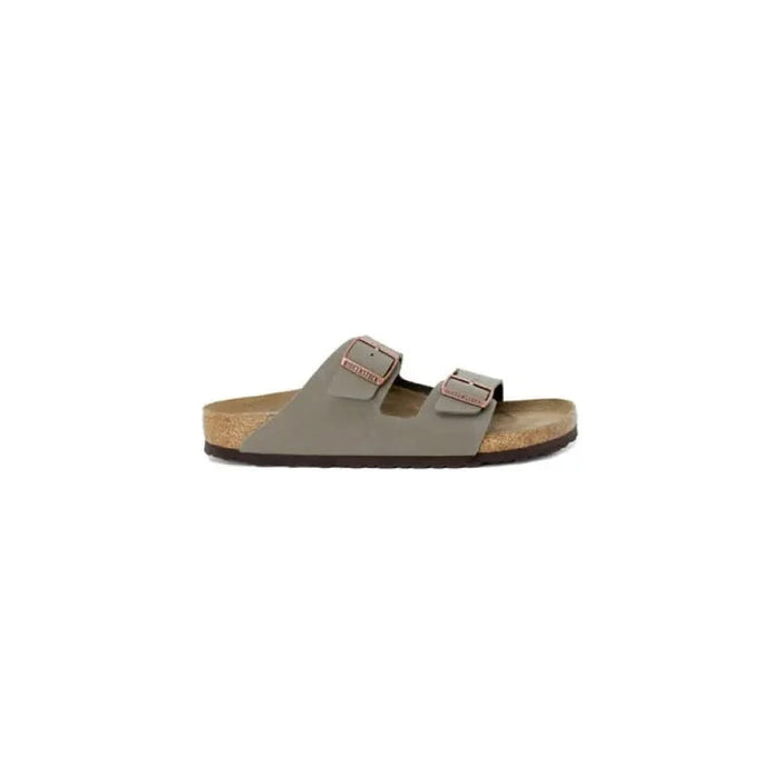 Birkenstock Men Slippers featuring taupe sandals with two adjustable straps