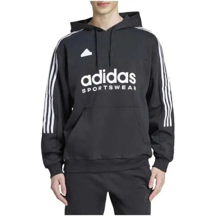 Black Adidas hoodie featuring a white logo and striped sleeves for men’s sweatshirts