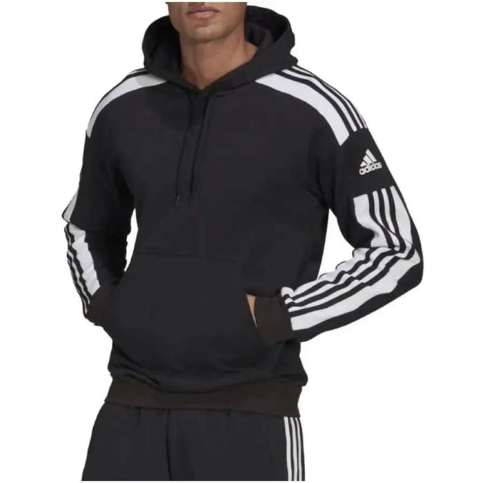 Black Adidas hoodie featuring white stripes on the sleeves and shoulders