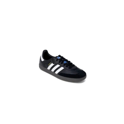 Black Adidas sneaker with white stripes and blue accents for men