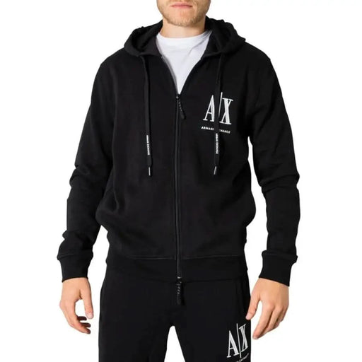 Black Armani Exchange zip-up hoodie with white AX logo on chest displayed in Armani Exchange Men Sweatshirts