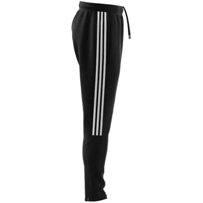 Black Adidas athletic pants featuring three white vertical stripes on the side