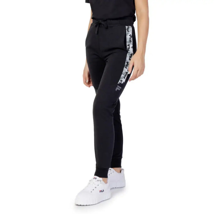 Black Fila Women Trousers with white side stripe and repeated logo pattern