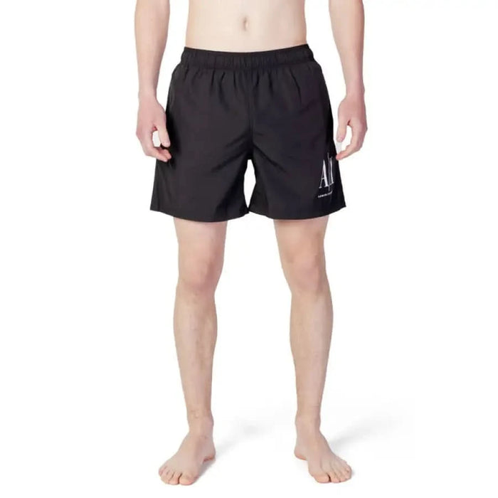 Armani Exchange Men Swimwear Black athletic shorts with white logo on leg