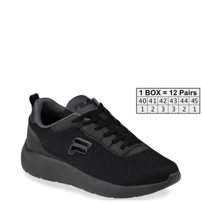 Black athletic sneaker with mesh upper and Fila branding for men’s footwear