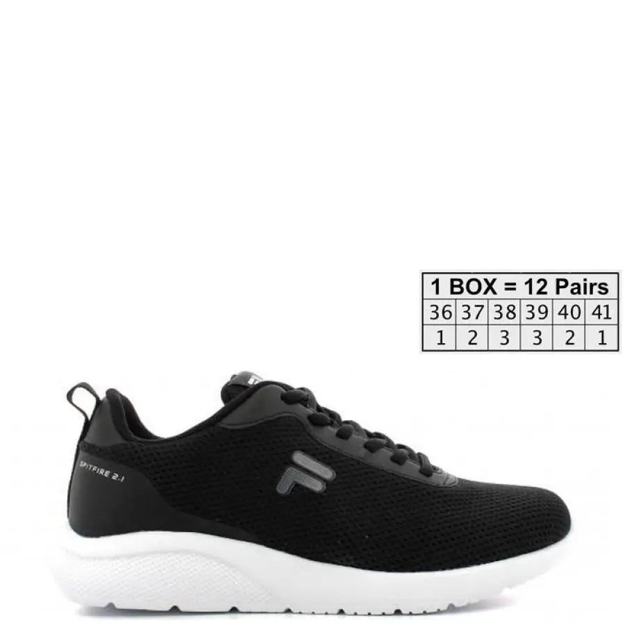 Fila Women Sneakers - Black athletic shoe with mesh upper, white sole, and gray ’F’ logo
