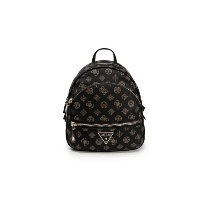 Black Guess women’s backpack featuring a logo pattern and triangular metal emblem