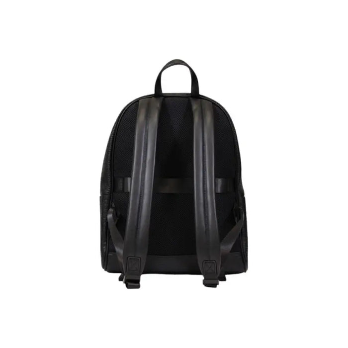 Black backpack with padded shoulder straps and top handle by Armani Exchange