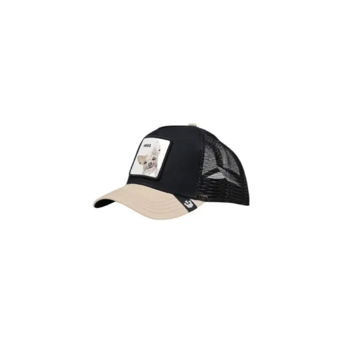 Black and beige trucker-style baseball cap with mesh back and front patch by Goorin Bros