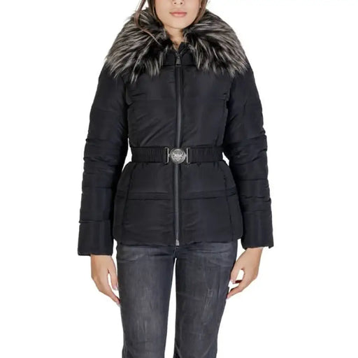 Black belted puffer jacket with faux fur collar trim by Guess for women