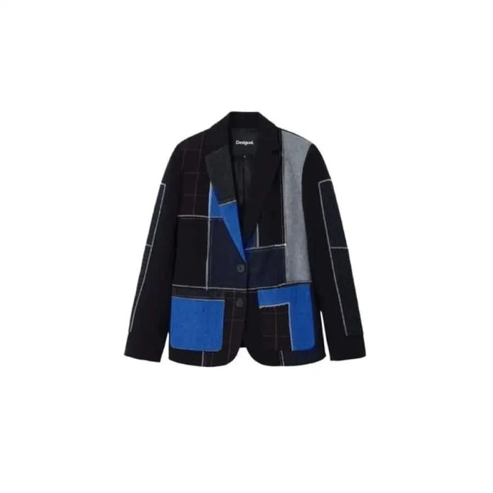 Black blazer with blue geometric patterns and pockets from Desigual for women