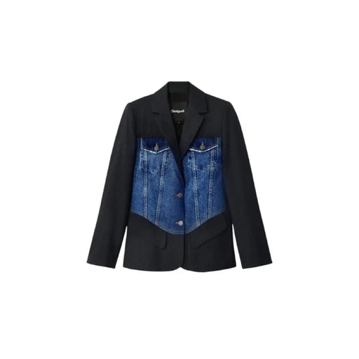 Black blazer with denim panel detailing, featured in Desigual Women Blazer collection