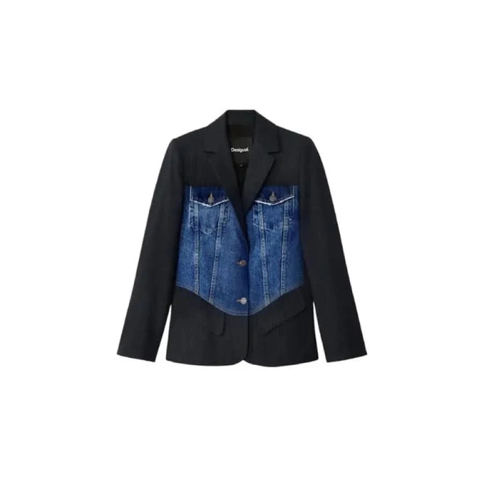 Black blazer with denim panel detailing, featured in Desigual Women Blazer collection