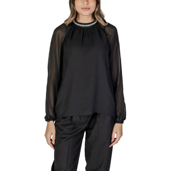 Black blouse with sheer sleeves and metallic trim neckline from Vila Clothes Women Dress