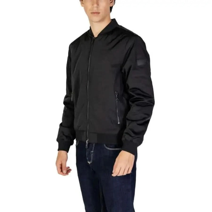 Black bomber jacket with zippered pockets and ribbed cuffs from Gianni Lupo Men Jacket