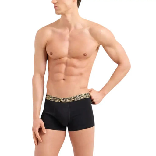 Black boxer briefs featuring a decorative patterned waistband by Emporio Armani Underwear