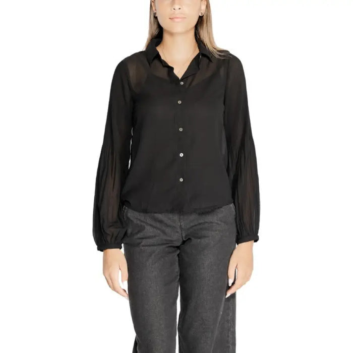 Black button-up blouse with sheer long sleeves and collar from Only Women Shirt