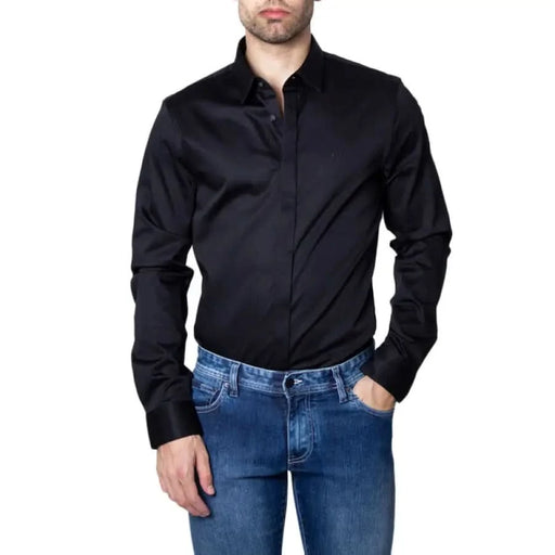 Armani Exchange mens black button-up dress shirt with blue jeans