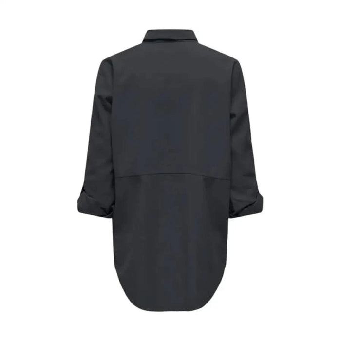 Black button-up shirt with rolled-up sleeves and curved hemline by Jacqueline De Yong