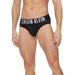 Black Calvin Klein men’s underwear briefs on a muscular male torso and legs