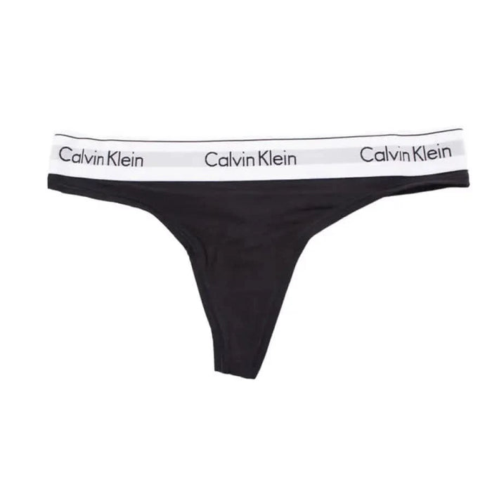 Black Calvin Klein thong underwear with white elastic waistband for women