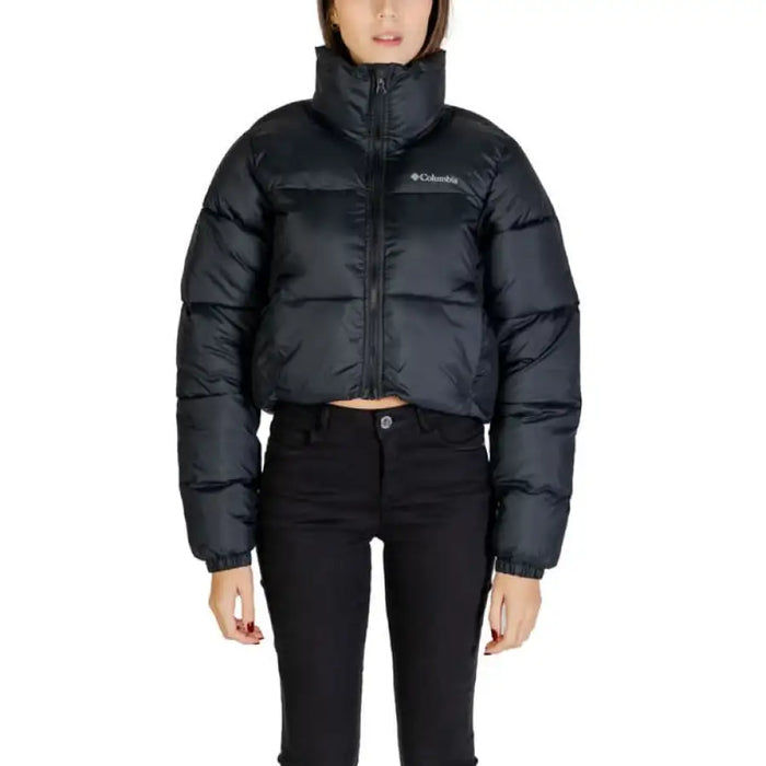 Black cropped Columbia puffer jacket featuring high collar and zip front design