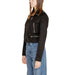 Morgan De Toi black motorcycle jacket with silver zippers, paired with blue jeans