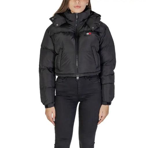 Black cropped puffer jacket with hood and zipper from Tommy Hilfiger for women